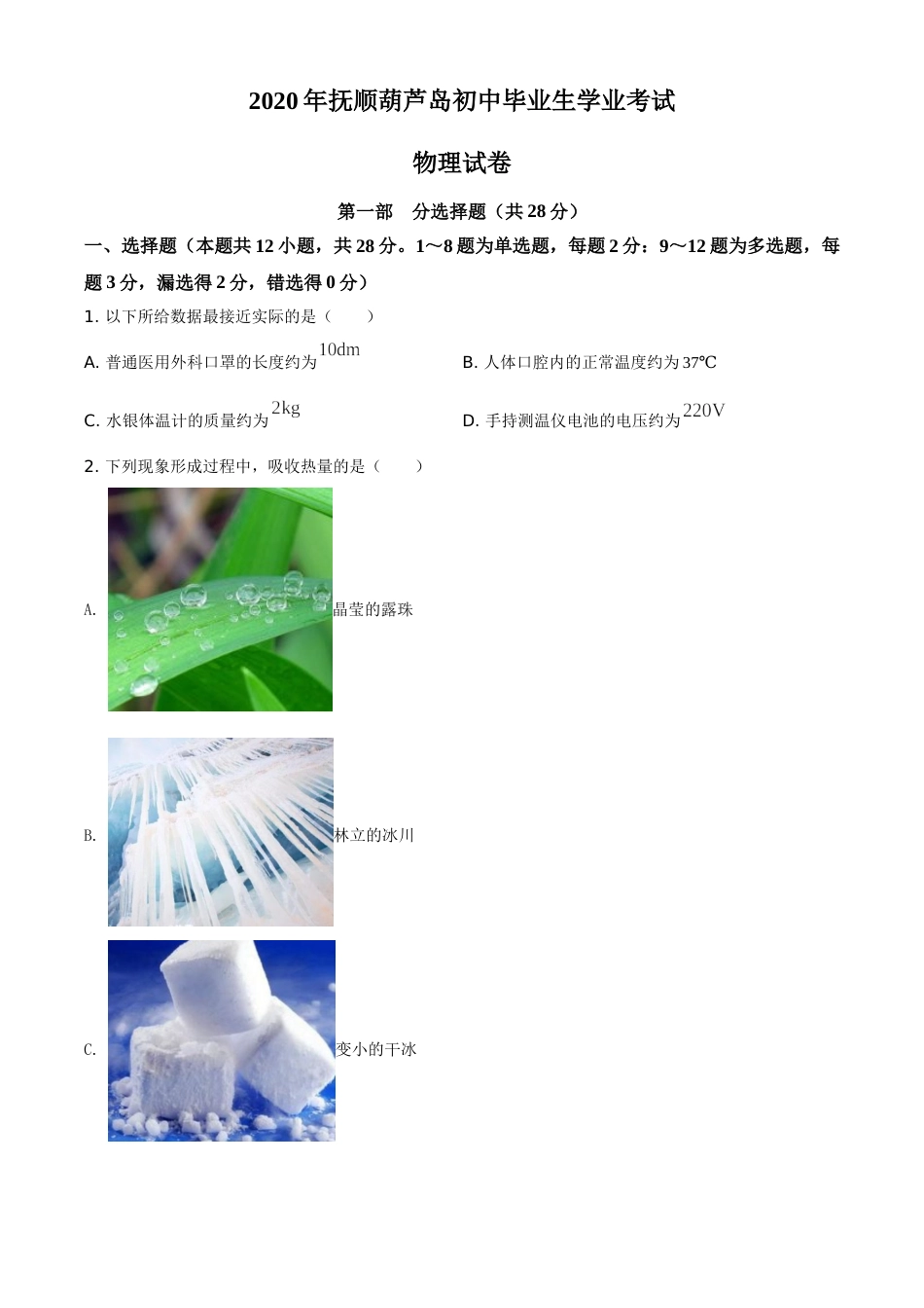 2020年辽宁省抚顺、葫芦岛市中考物理试题（原卷版）.doc_第1页