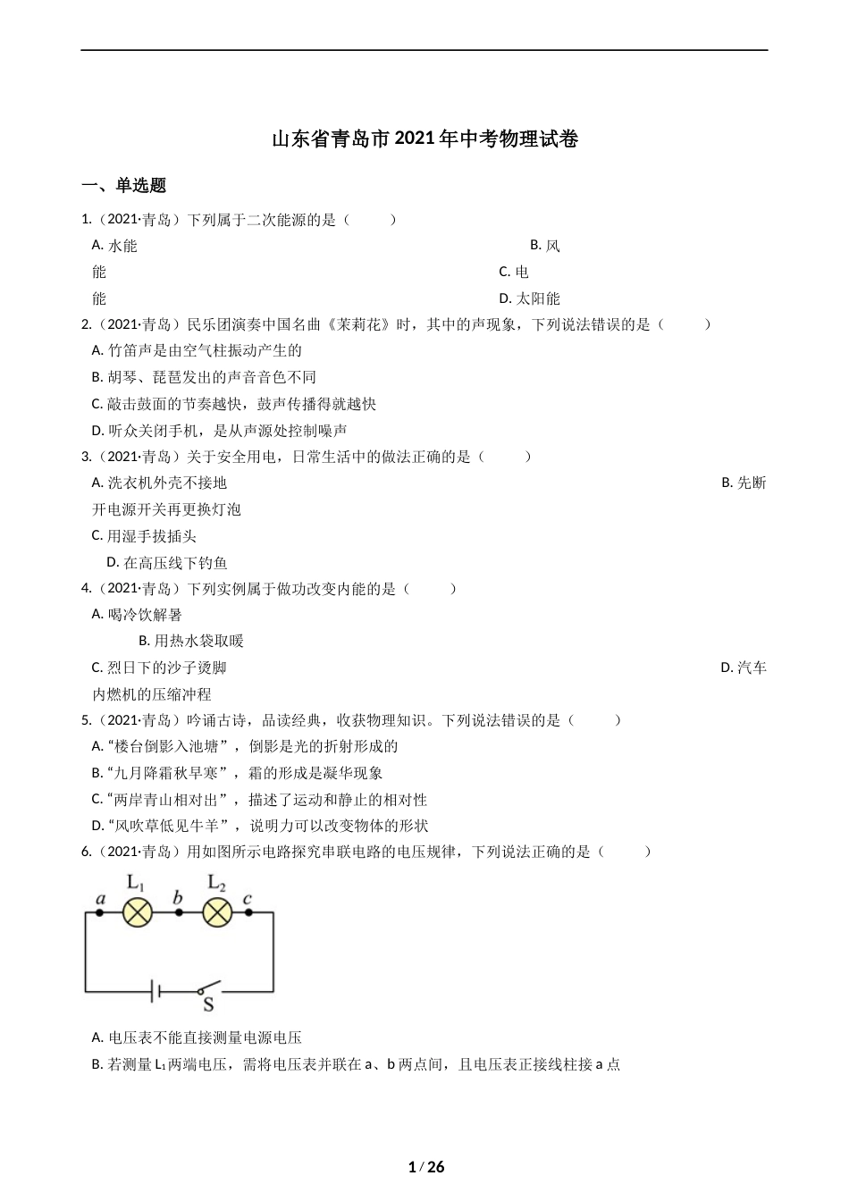 2021年青岛市中考物理试卷和答案.docx_第1页