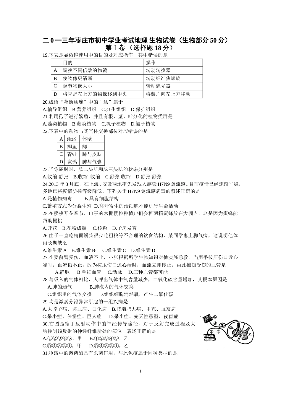 2013年枣庄市中考生物试题及答案.doc_第1页