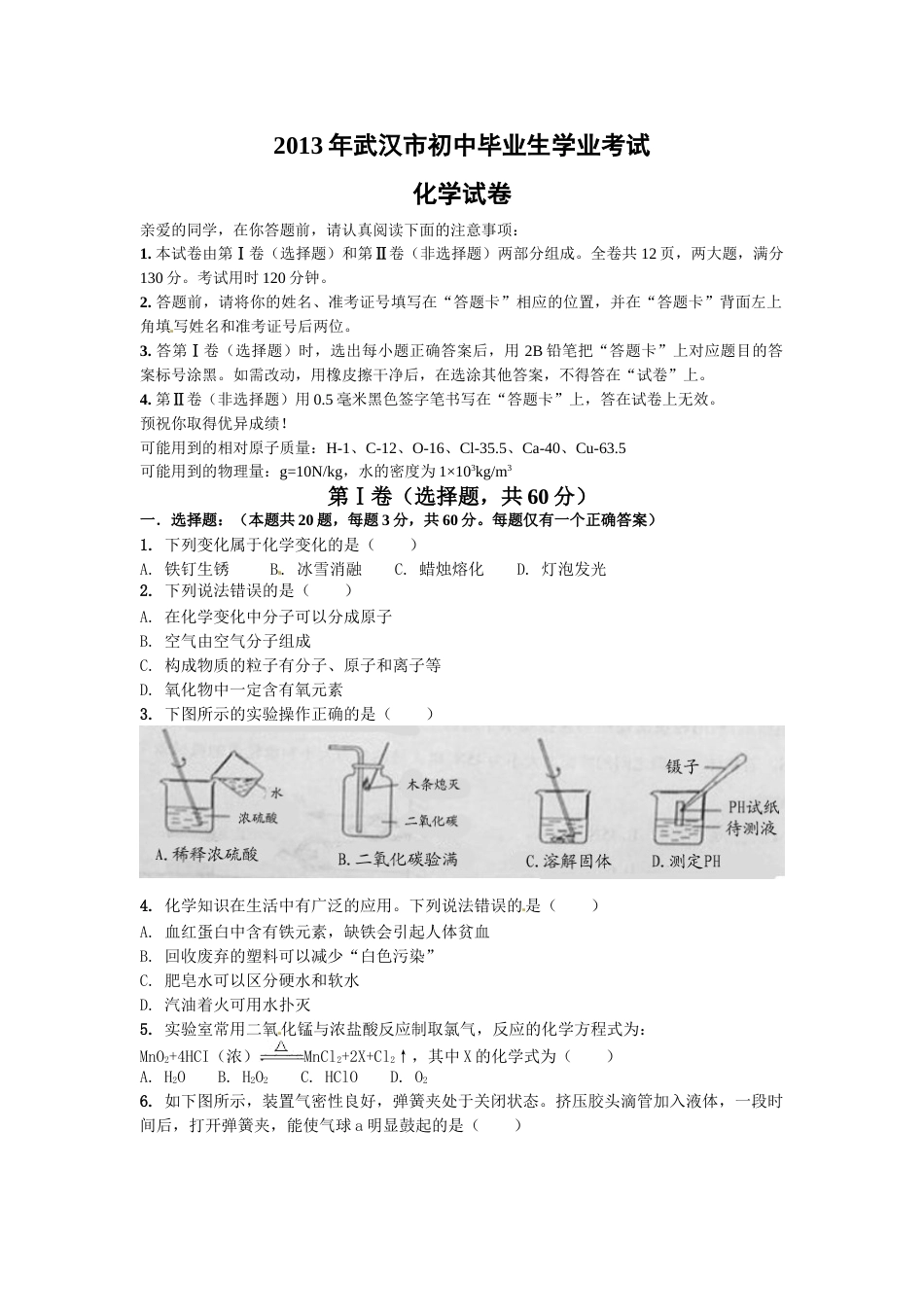 2013年武汉市中考化学试题及答案.doc_第1页