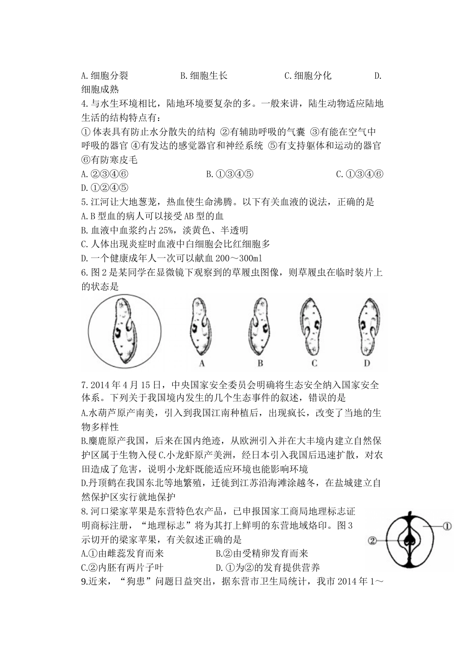 2014年山东省东营市中考生物试题(word版含答案).doc_第2页