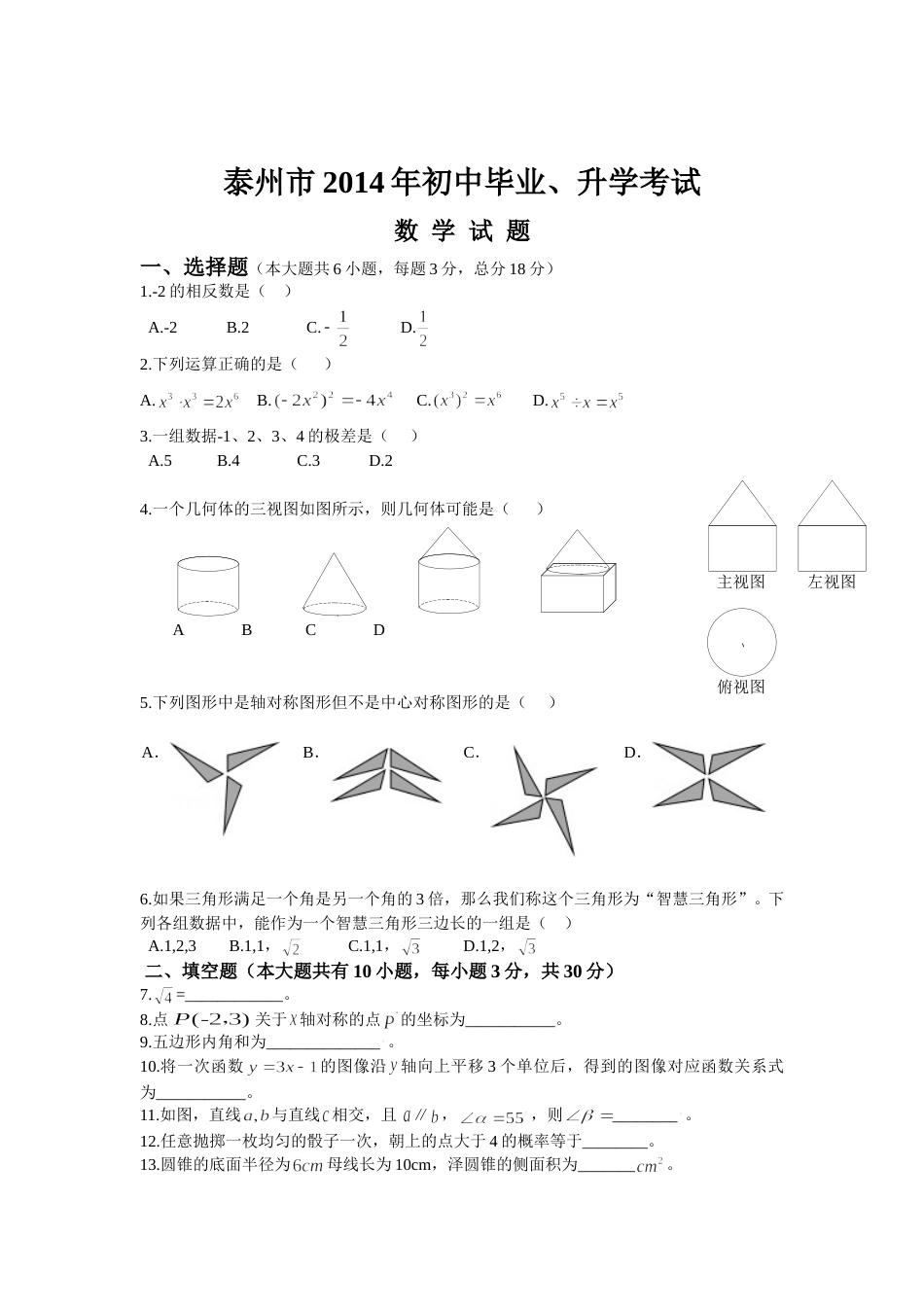 2014年江苏省泰州市中考数学试题及答案.doc_第1页