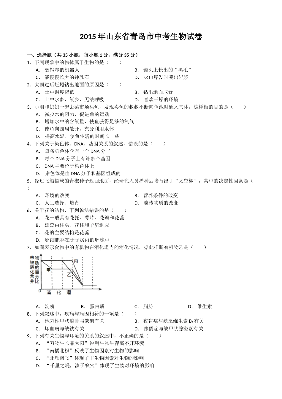 2015年山东青岛初中生物学业考试题及答案.doc_第1页
