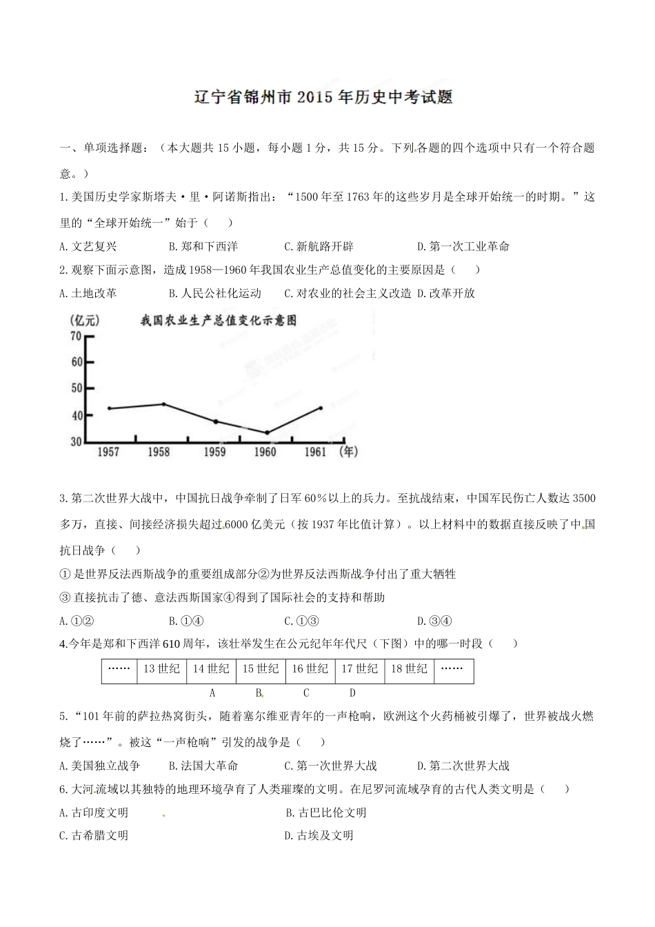 2015年辽宁省锦州市中考历史试题（空白卷）.doc_第1页