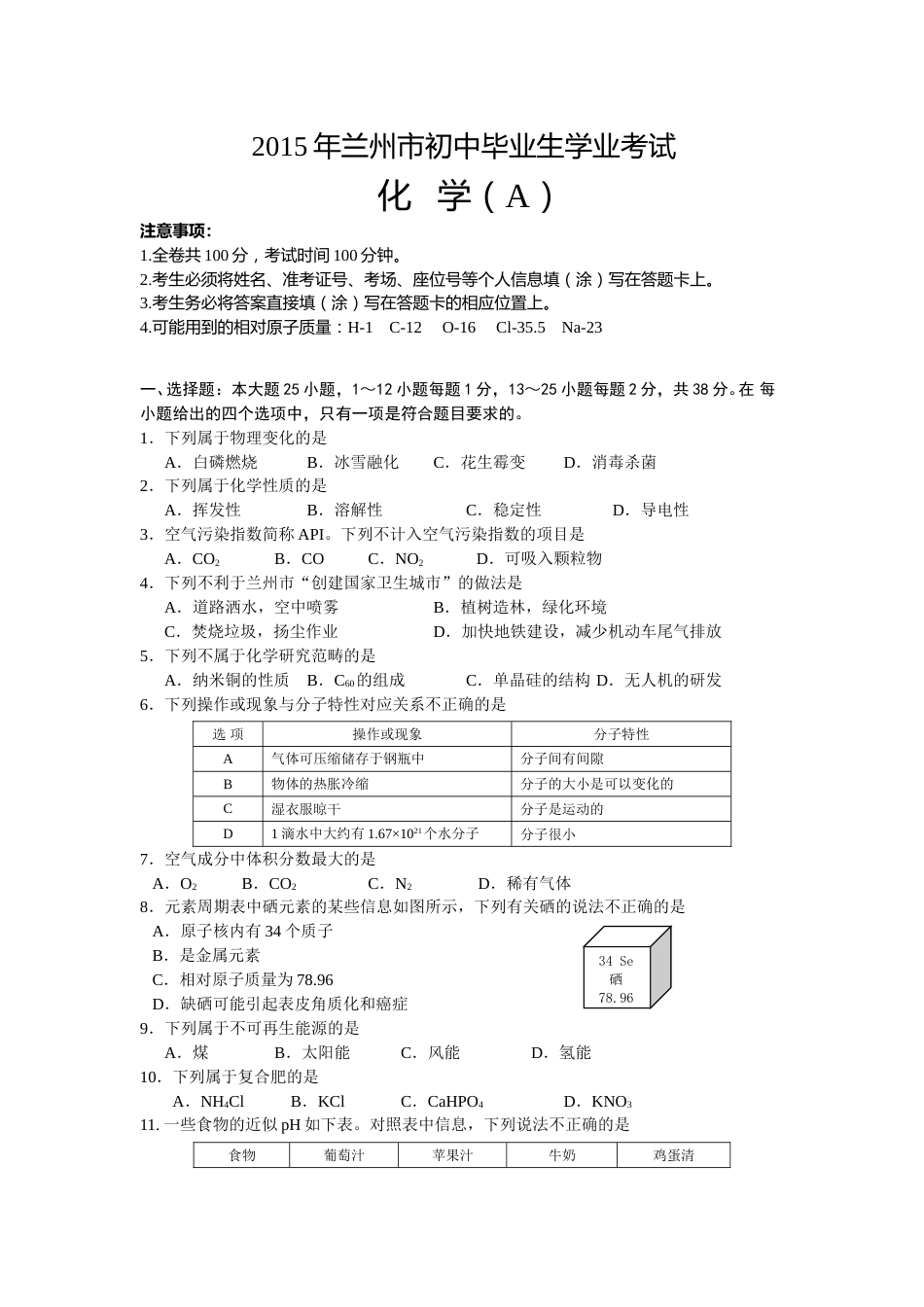 2015年甘肃省兰州市中考化学试卷(含答案).doc_第1页