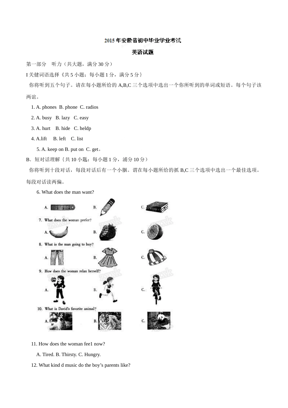 2015年中考真题精品解析 英语（安徽卷）精编word版（解析版）.doc_第1页