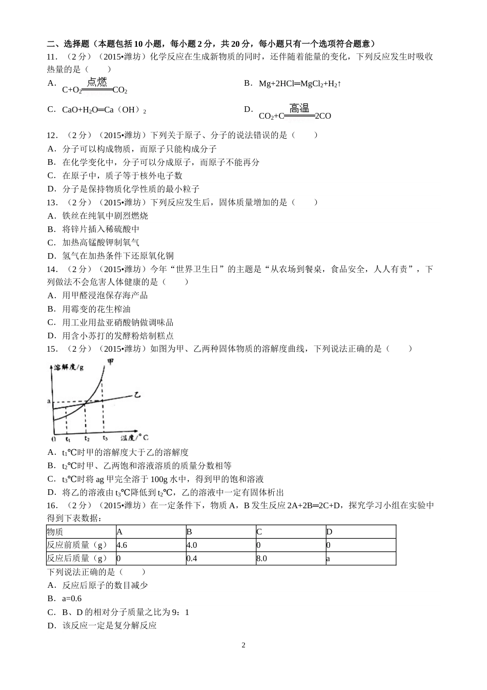 2015年潍坊市中考化学试卷及答案.doc_第2页