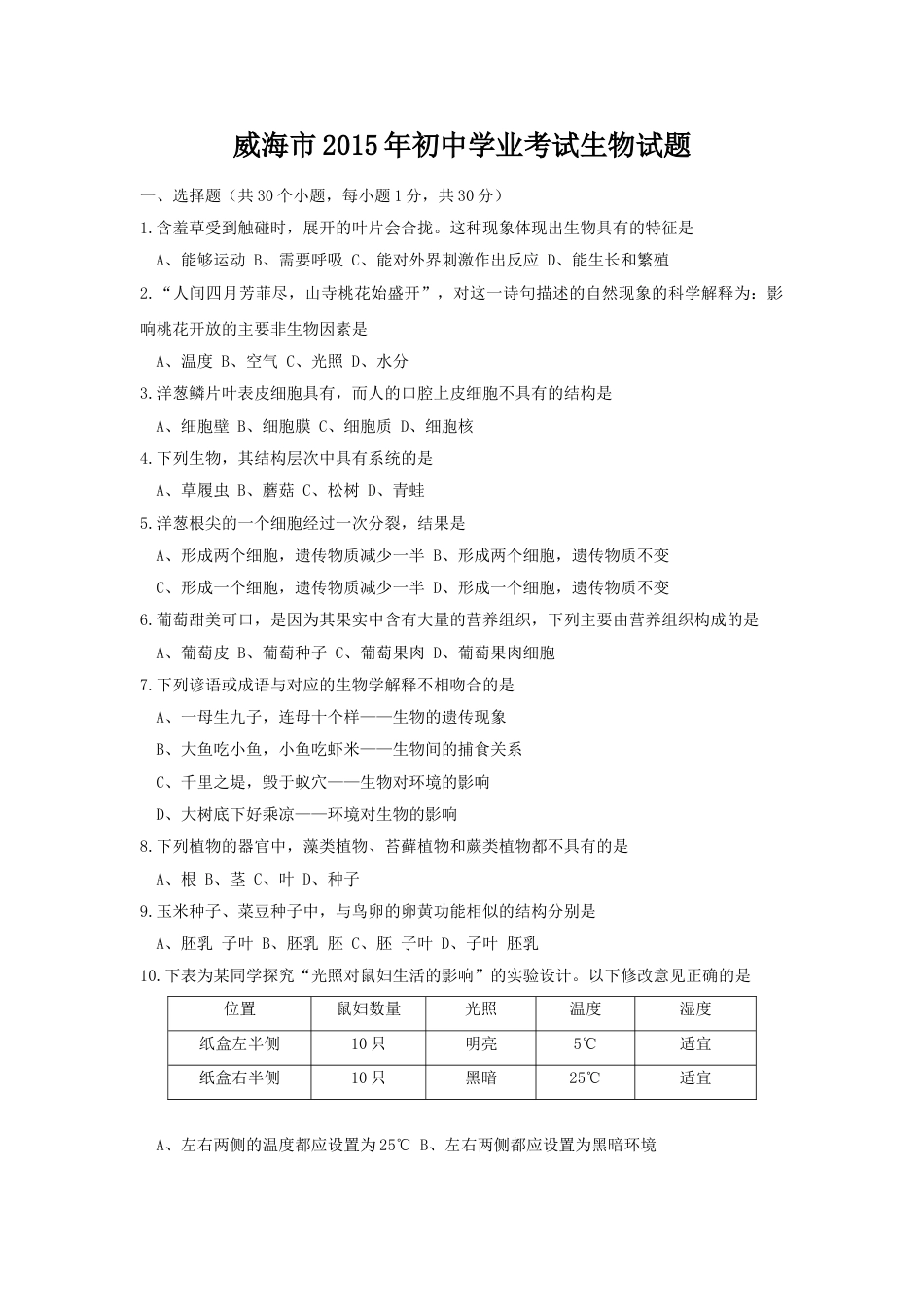 2015年威海市中考生物试题及答案.doc_第1页