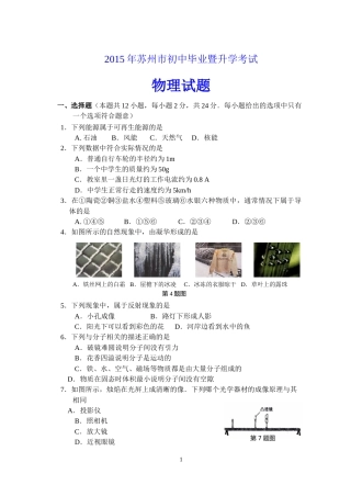 2015年苏州市中考物理试题及答案(word版).doc