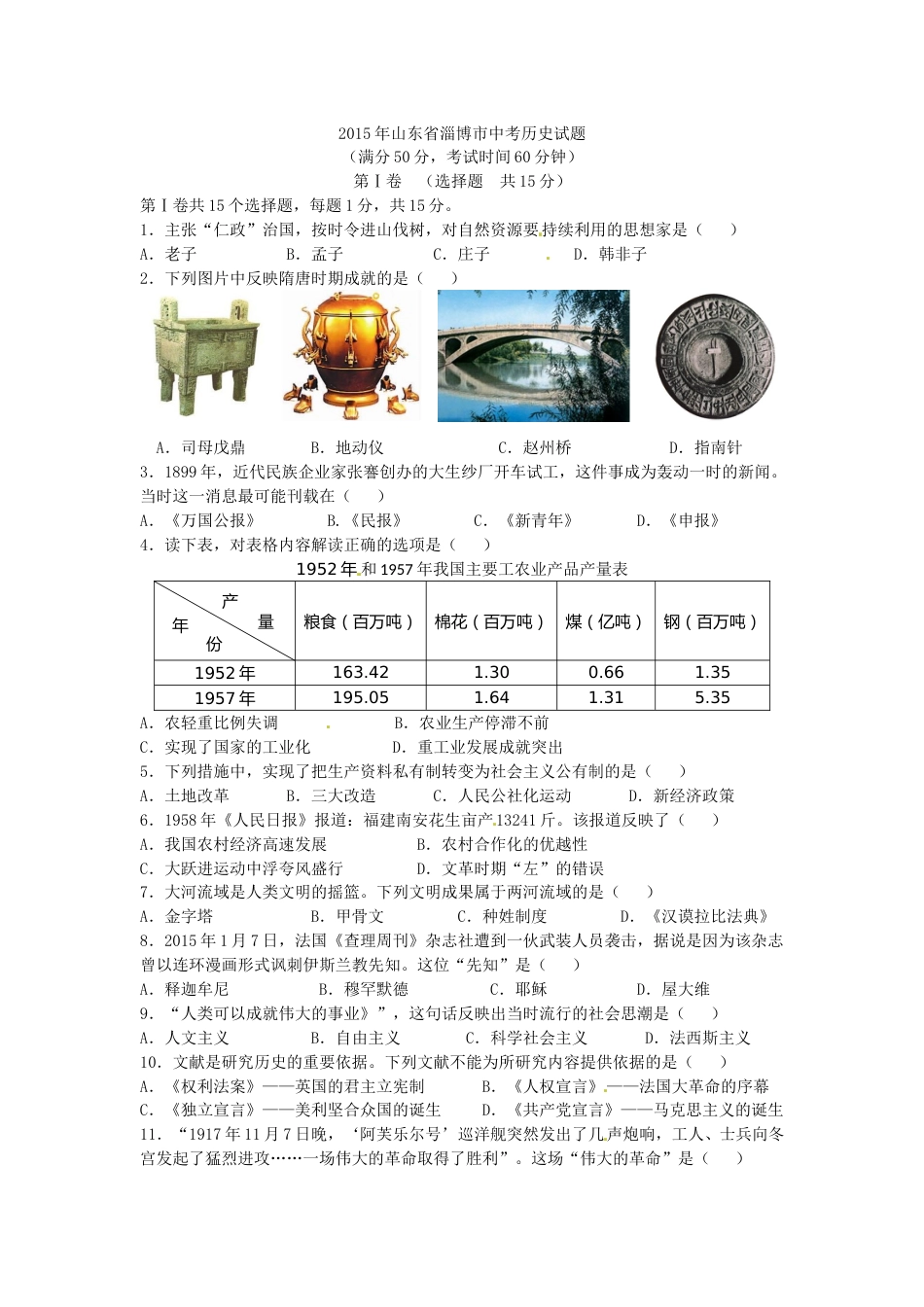 2015年山东淄博中考历史试题.doc_第1页