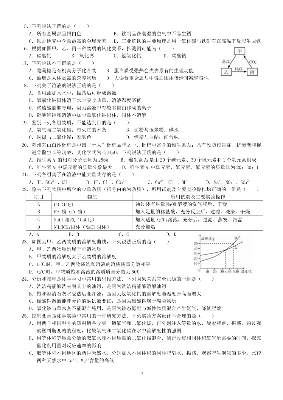 2016年苏州市中考化学试卷及答案.doc_第2页