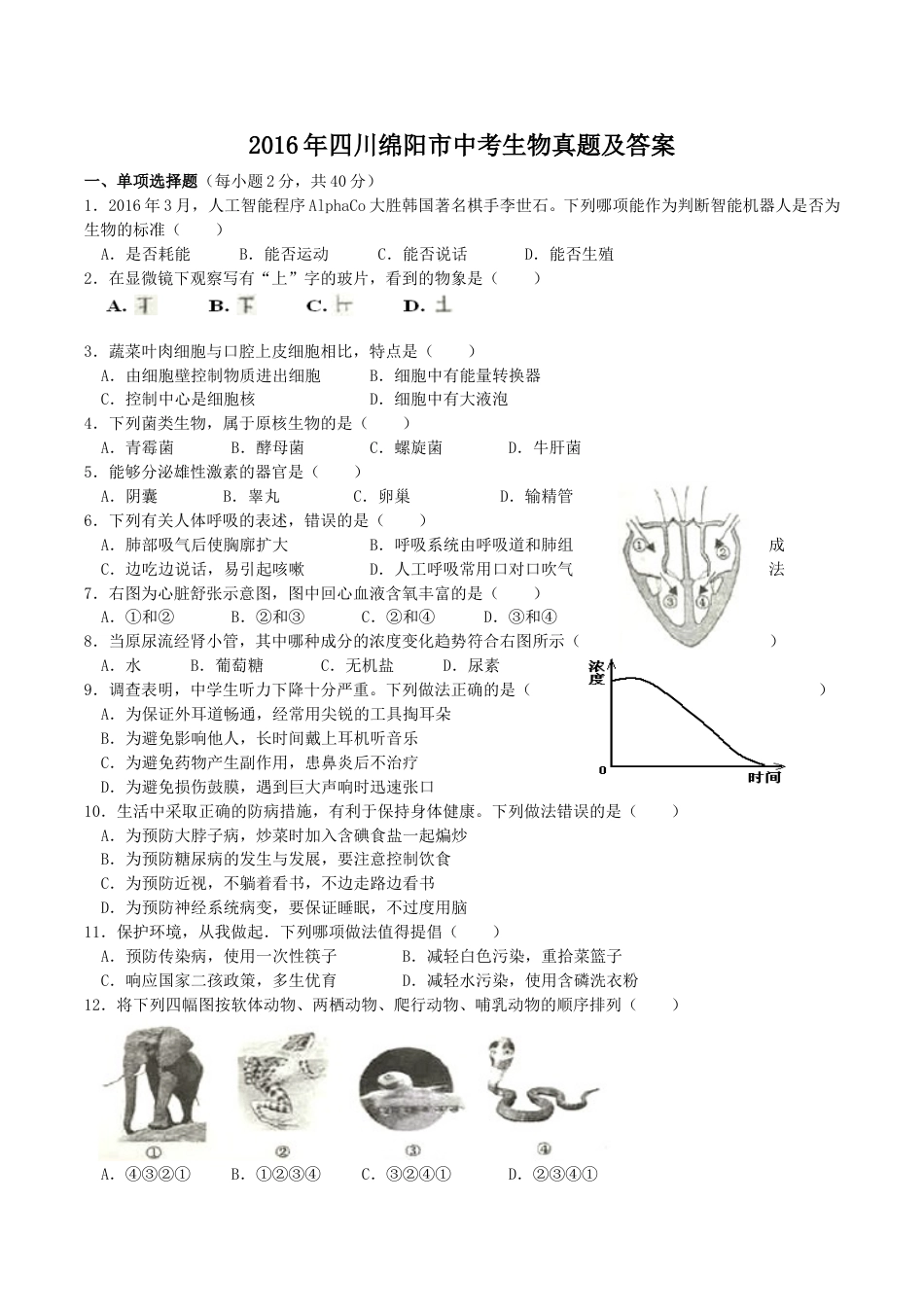 2016年四川绵阳市中考生物真题及答案.doc_第1页