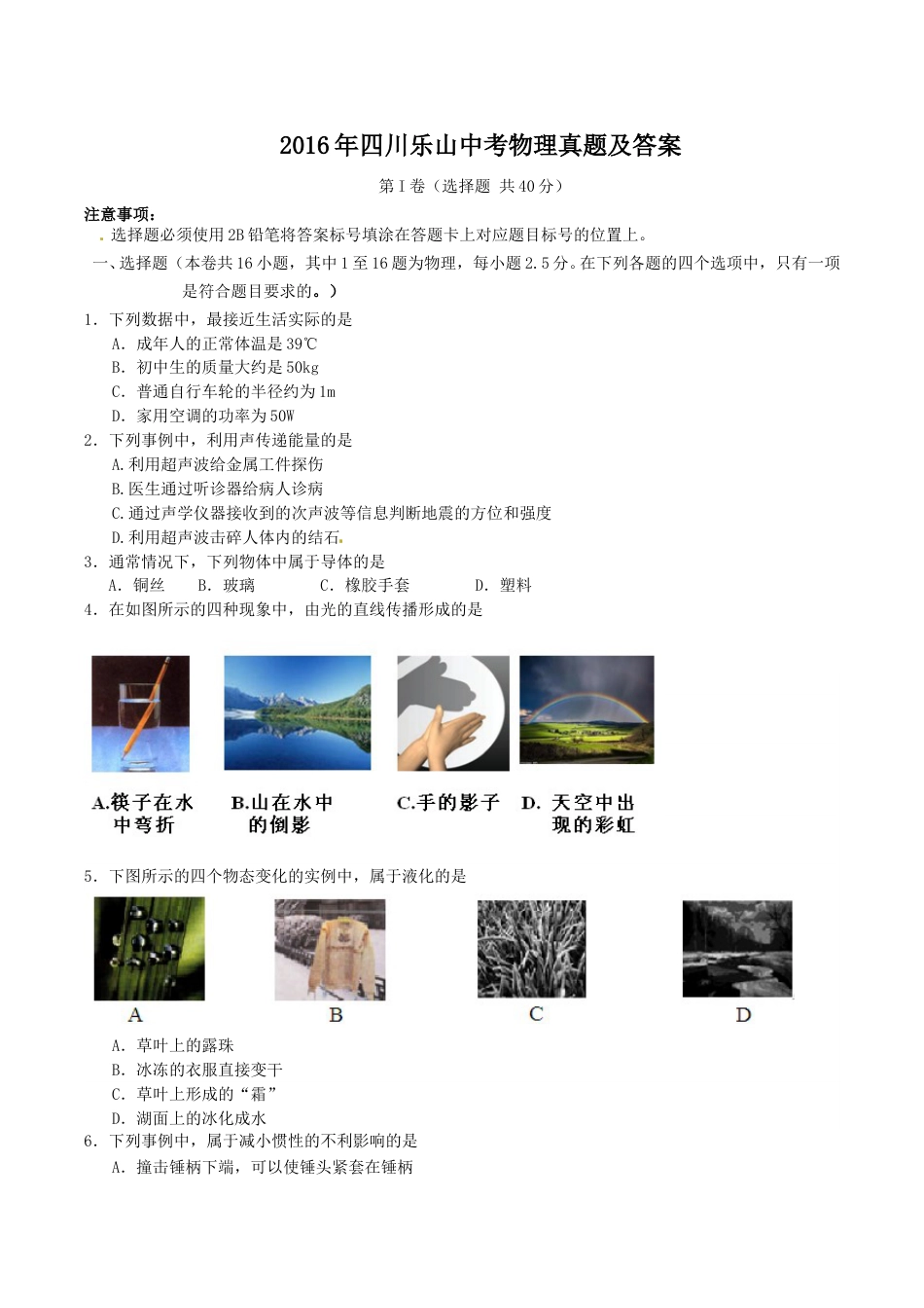 2016年四川乐山中考物理真题及答案.doc_第1页