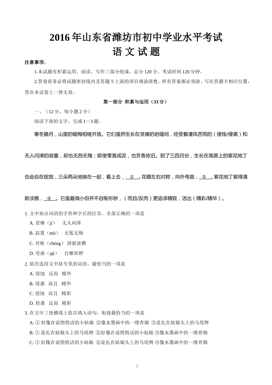 2016年山东省潍坊市中考语文试题及答案.doc_第1页