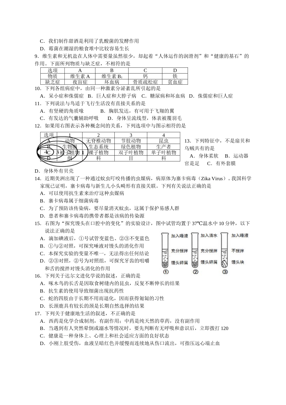 2016年山东青岛初中生物学业考试题及答案.doc_第2页