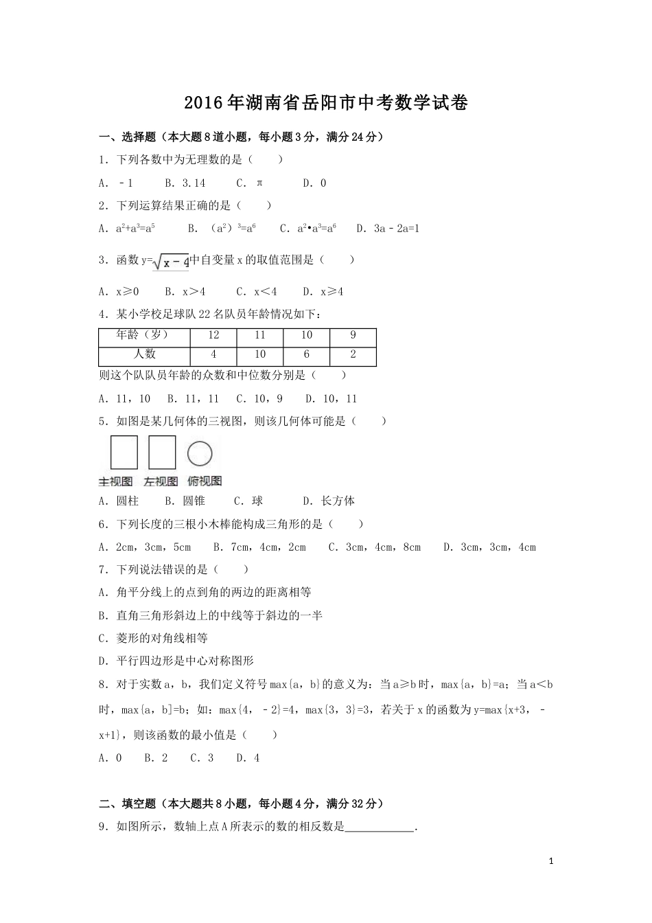 2016年湖南省岳阳市中考数学试卷（含解析版）.doc_第1页