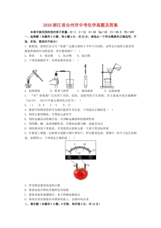 2016浙江省台州市中考化学真题及答案.doc
