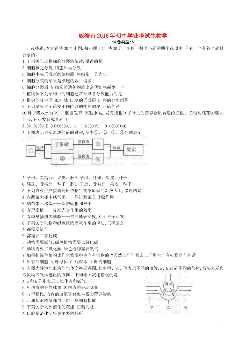 2016年威海市中考生物试题及答案.doc_第1页