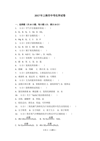 2017年上海市中考化学试题及答案.doc