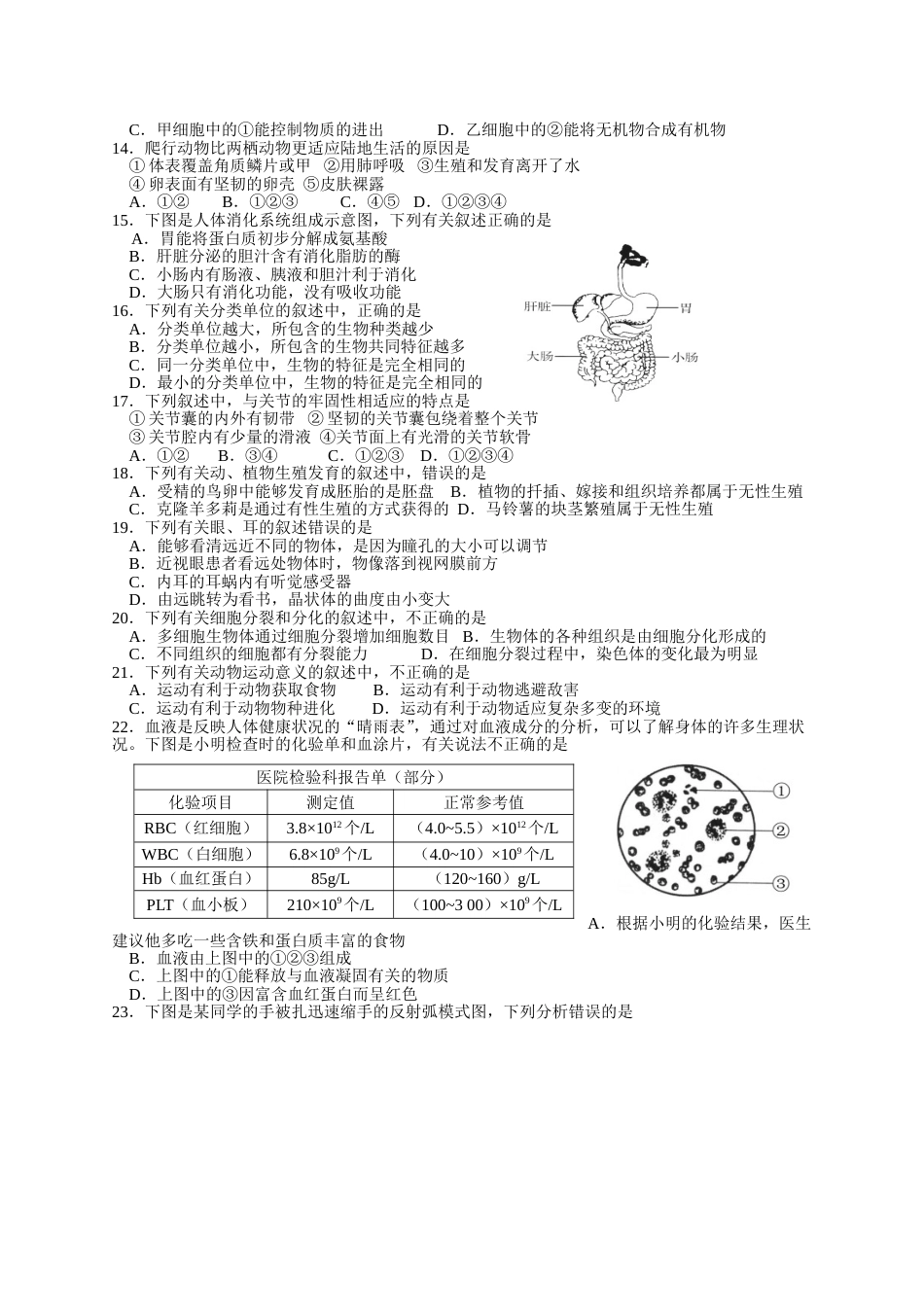 2017年山东青岛初中生物学业考试题及答案.doc_第2页