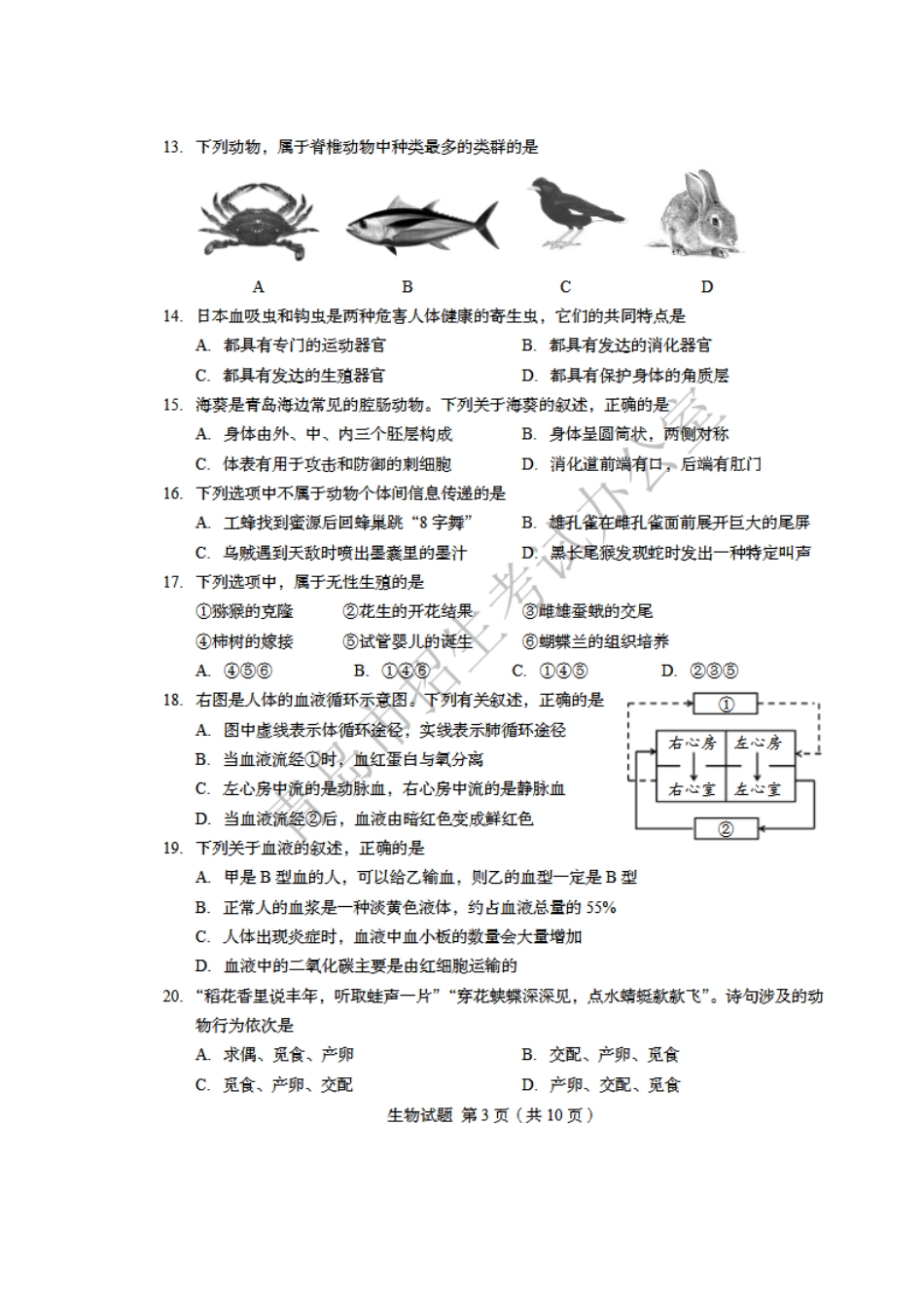 2018年山东青岛初中生物学业考试题及答案【高清图片版】.docx_第3页